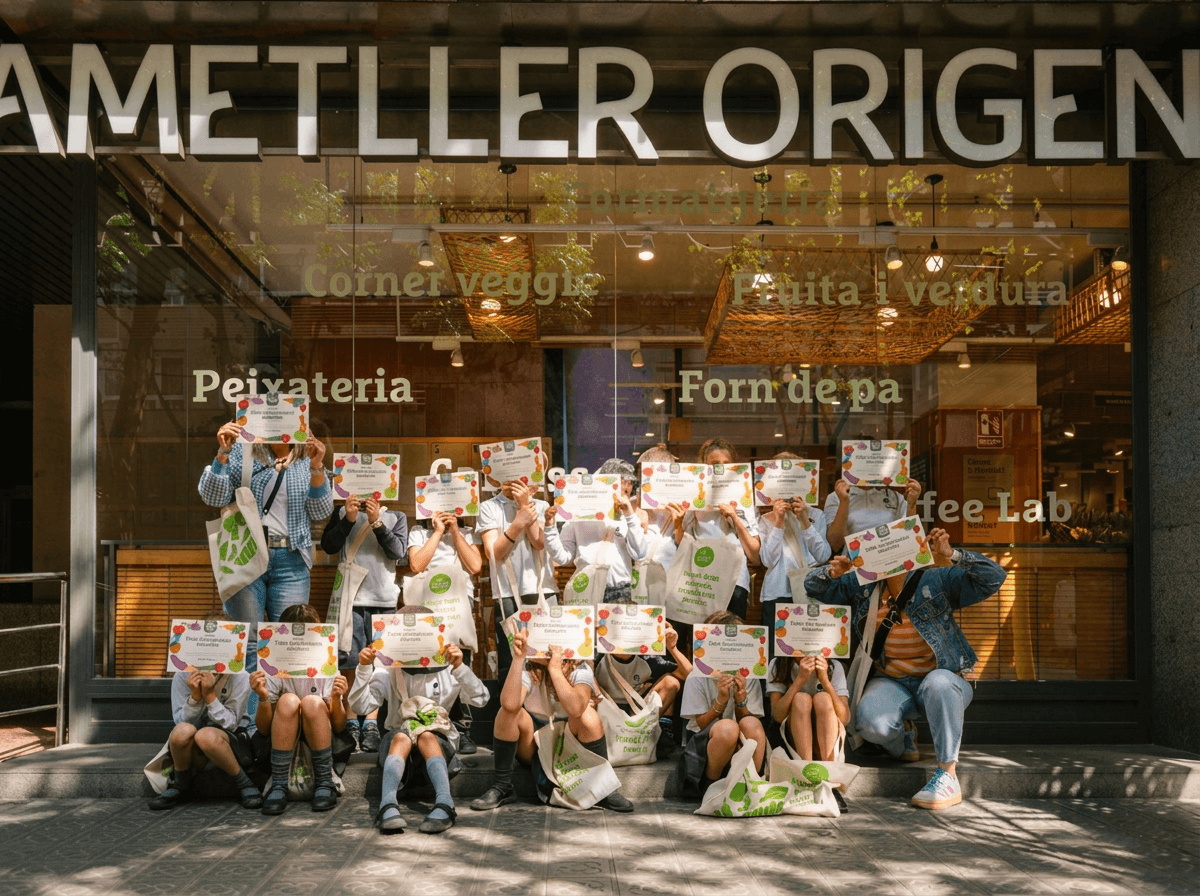 Grup d'infants mostrant els seus diplomes davant d'una botiga Ametller Origen
